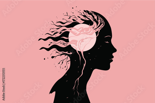 Abstract Mind Silhouette with Tree Roots and Moon – Meditation and Spiritual Concept Illustration