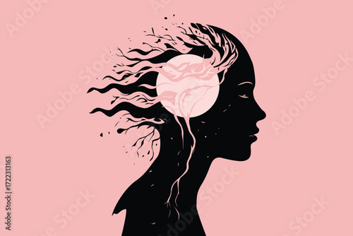Abstract Mind Silhouette with Tree Roots and Moon – Meditation and Spiritual Concept Illustration