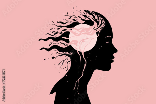 Abstract Mind Silhouette with Tree Roots and Moon – Meditation and Spiritual Concept Illustration