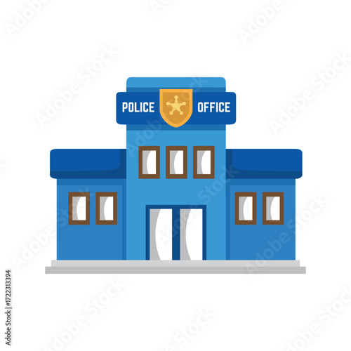 Blue police station with a golden badge and POLICE OFFICE text