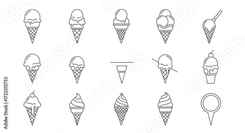 Simple line art icons depicting various ice cream cones, scoops, and desserts, including one location pin.
