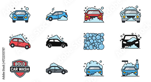 A collection of pixel art icons depicting various stages and aspects of car washing, including cars covered in soap, water, and bubbles, along with a car wash logo.