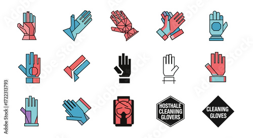 A collection of stylized flat icons representing various types of gloves, including protective, work, and cleaning gloves, presented in a grid layout.