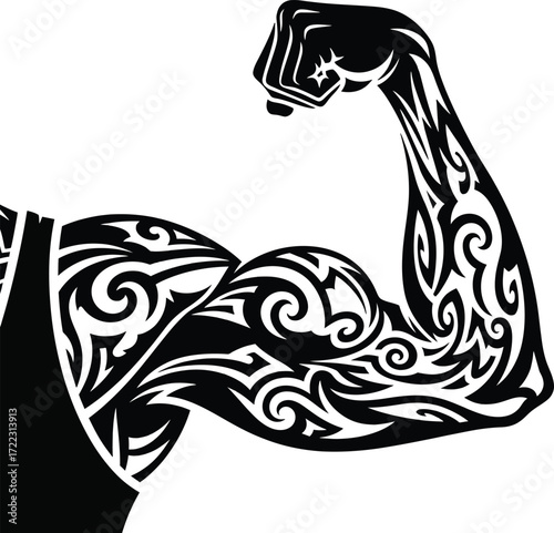 Tattooed bicep flexing arm muscular strength symbol vector