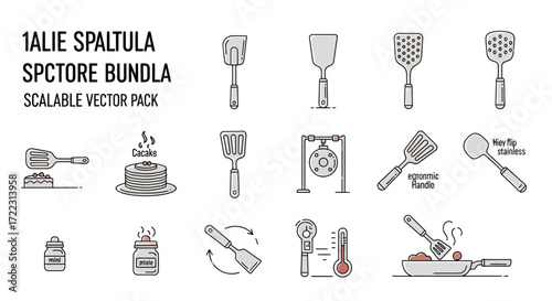 Collection of various spatula illustrations, including cooking scenes and kitchen utensils.