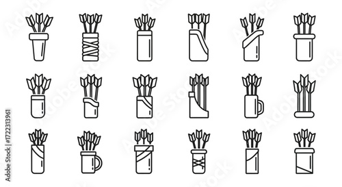 A collection of various quiver designs filled with arrows, depicted in a simple, minimalist style.