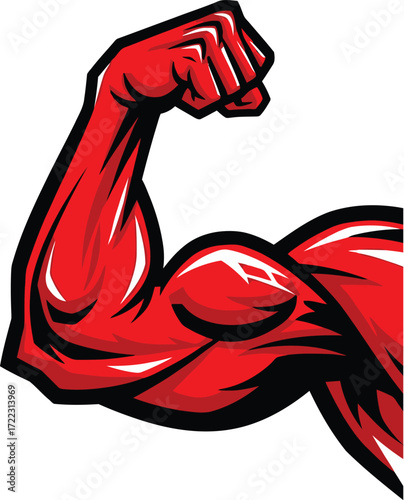 Flexing red arm muscular biceps strength power symbol vector