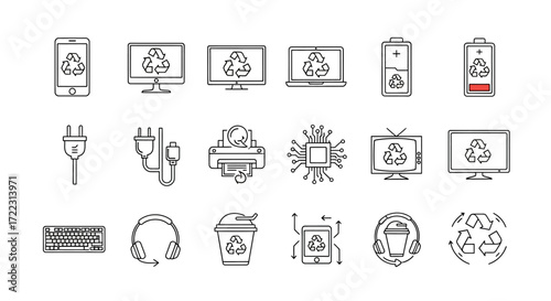 A collection of line art icons depicting electronic devices and recycling symbols, promoting environmental awareness.