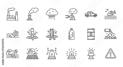 Outlined icons depicting various environmental pollution sources and related consequences.