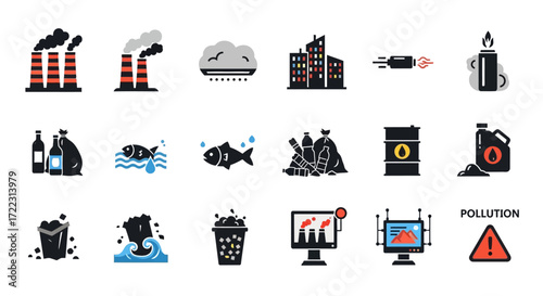 A collection of vector illustrations depicting various environmental pollution sources and their effects.