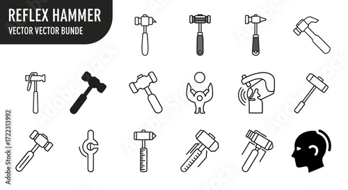 A collection of vector illustrations depicting various reflex hammers, including different styles, angles, and a silhouette of a head.