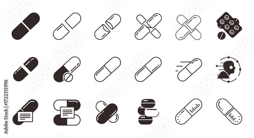 Collection of black and white vector icons depicting various capsule pills, including whole, split, and blister pack representations.