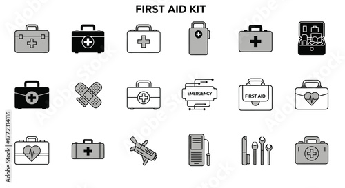 Collection of grayscale first aid kit icons, including various medical supplies and emergency symbols.