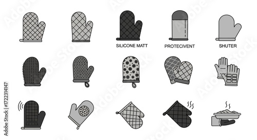 Collection of oven mitts and pot holders in grayscale, various designs for kitchen safety.