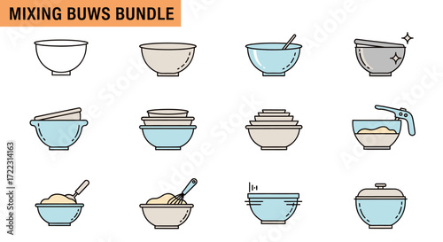 A collection of colorful line art icons depicting various mixing bowls, some empty, nested, or containing ingredients and utensils.