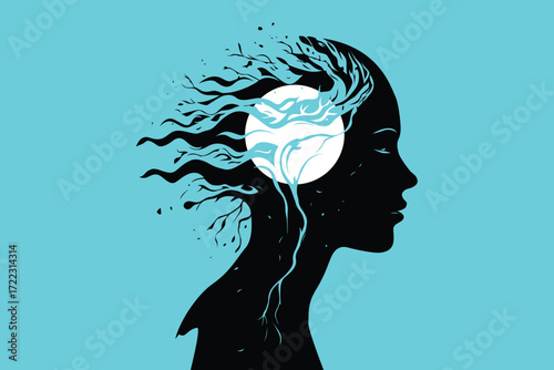 Abstract Mind Silhouette with Tree Roots and Moon – Meditation and Spiritual Concept Illustration