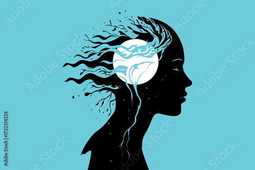Abstract Mind Silhouette with Tree Roots and Moon – Meditation and Spiritual Concept Illustration