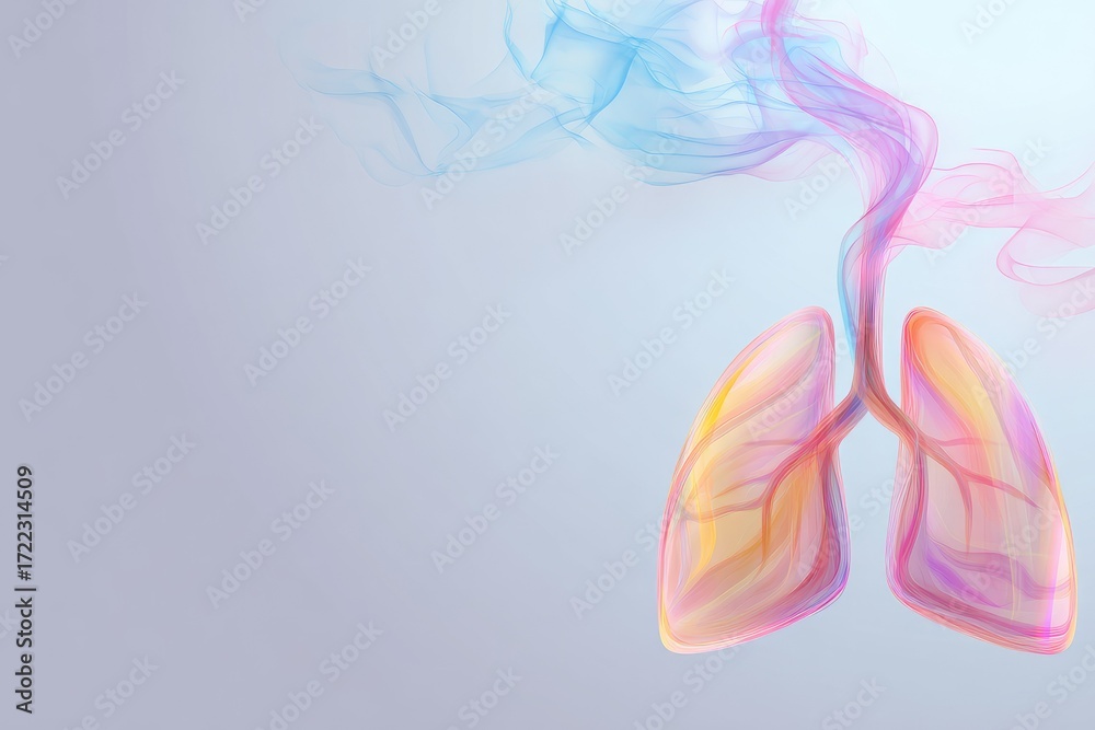 Obraz premium Vitality of the Lungs: A vibrant and artistic representation of human lungs with colorful, flowing energy, symbolizing life, breath, and health in a digital illustration.
