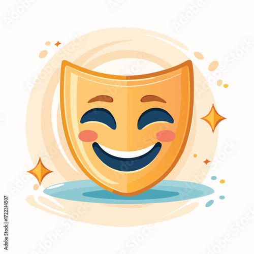 Smiling golden mask with rosy cheeks and blue eyes, representing happiness and joy.