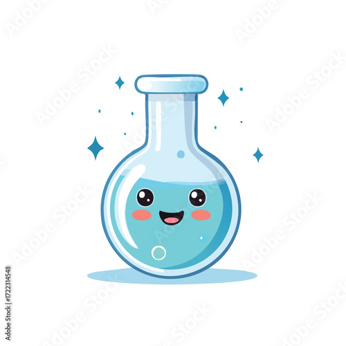 Cute cartoon illustration of a laboratory flask with a smiling face and blue liquid inside.