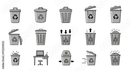 A collection of various garbage bins and related icons, showcasing recycling and waste management concepts.