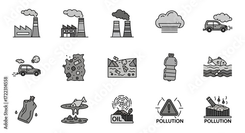 A collection of icons depicting various forms of pollution, including air, water, and land contamination, along with sources like factories, cars, and plastic waste.