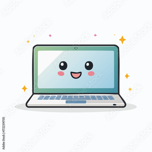 Cute cartoon laptop with a smiling face, perfect for educational or tech-related content.