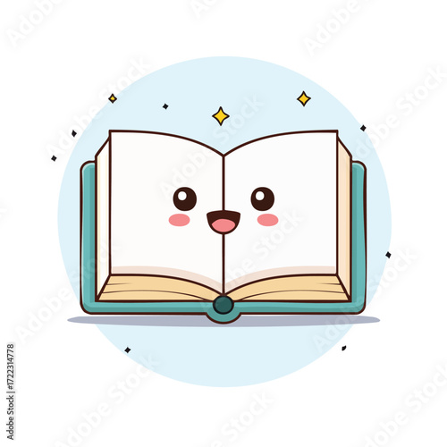 An adorable cartoon illustration of an open book with a happy face, perfect for educational or reading-related content.