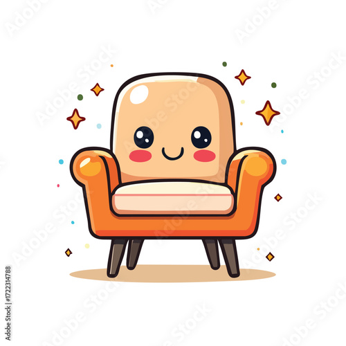 Cute cartoon armchair with a smiling face, orange and beige color, with sparkles.