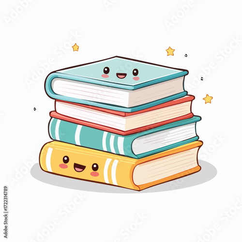 A stack of four cartoon books with smiling faces and star decorations.