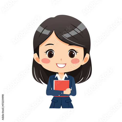 Cartoon illustration of a smiling businesswoman holding a red file, wearing a dark blue suit.