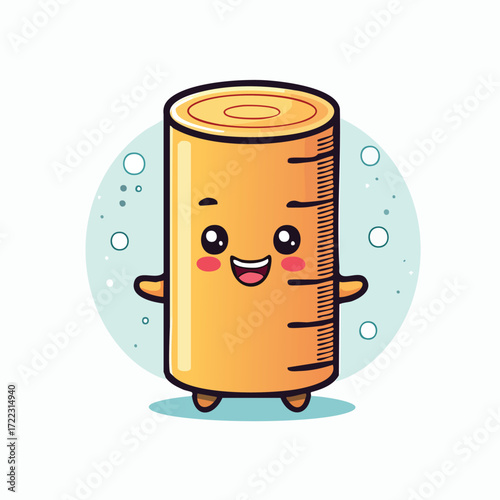 A cute cartoon illustration of a cylindrical ruler with a happy face and tiny arms and legs.