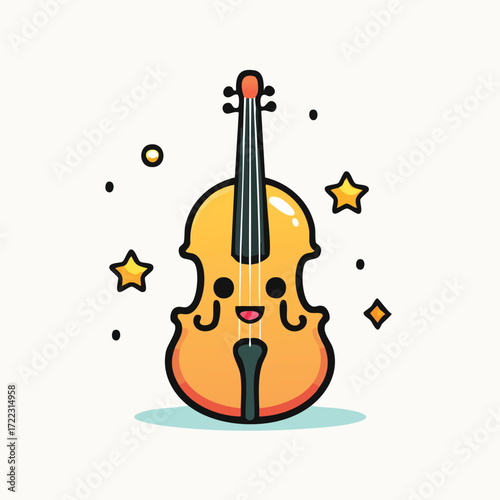 Cartoon illustration of a smiling violin with a happy face, surrounded by stars and dots.