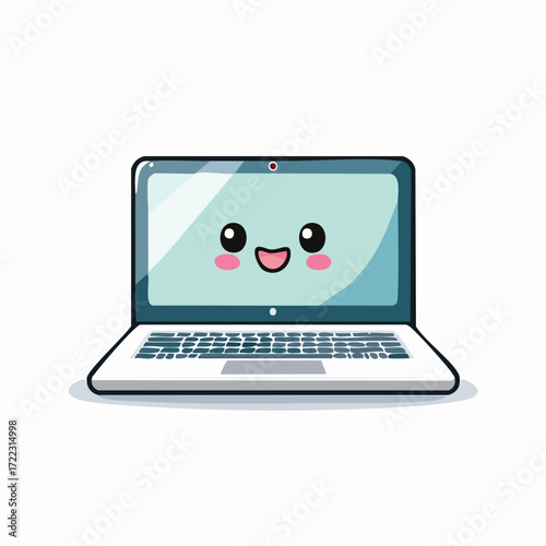 Cute cartoon laptop with a smiling face on the screen, perfect for educational or playful content.