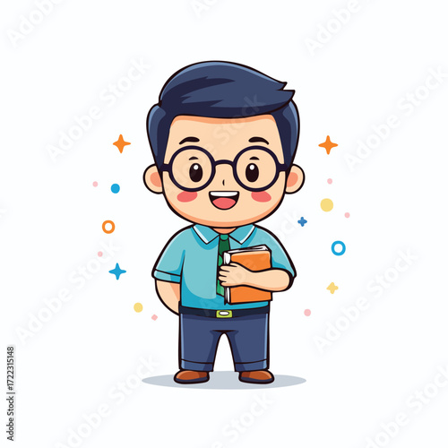 Cartoon illustration of a cute boy wearing glasses, holding a book, and smiling happily.