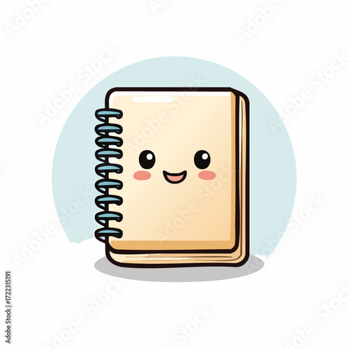Cute cartoon illustration of a smiling notebook with a spiral binding, perfect for school.