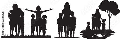  Silhouette collection of single mother and two children, family love and care vector illustration.eps