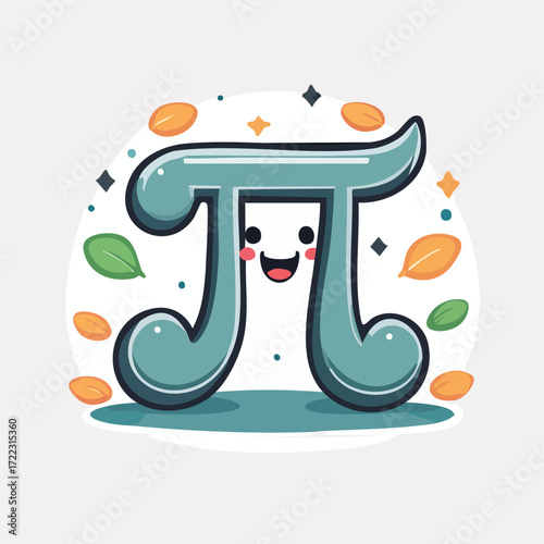 Cute cartoon illustration of the mathematical symbol Pi, featuring a smiling face and decorative elements.
