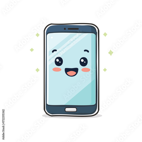 Cute cartoon smartphone with a smiling face, screen, and a happy expression, with sparkles.