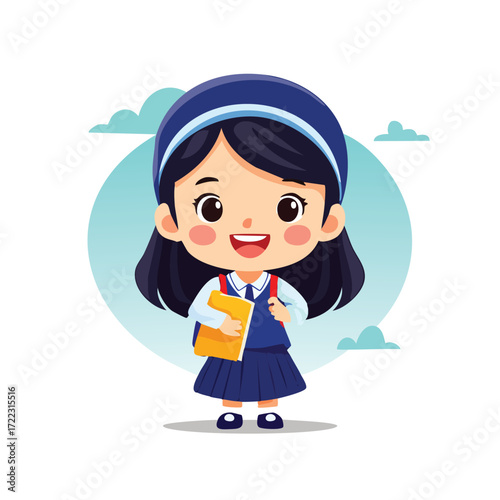 Cute cartoon illustration of a schoolgirl with a backpack and a book, smiling happily.