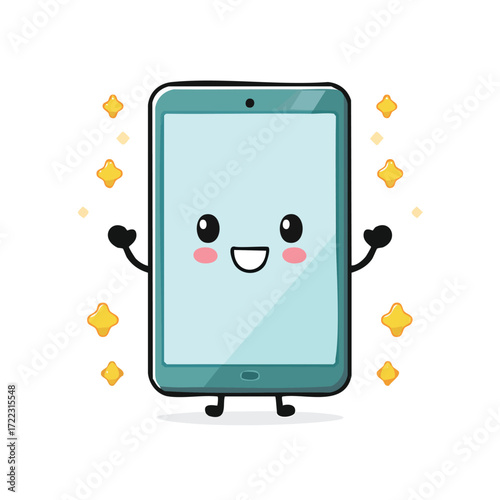 Cute cartoon tablet character with a smiling face, arms raised, and sparkling stars around it.