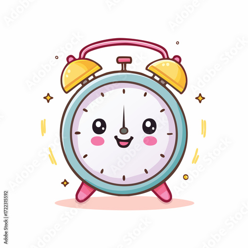 Cute cartoon illustration of a happy alarm clock with a smiling face and pink cheeks.