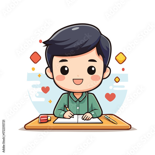 A cartoon illustration of a boy and girl studying together at a school desk