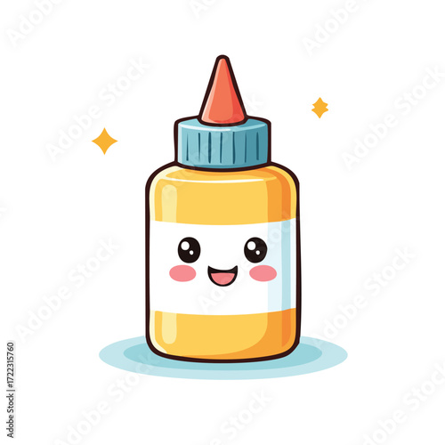 Cute cartoon illustration of a glue bottle with a happy face, orange cap, and blue lid.