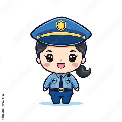 A humorous cartoon policeman with a goofy hat and large badge on his uniform protects the town