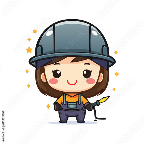 A whimsical vector cartoon illustration features a funny policeman, a builder, and a fireman wearing a hardhat