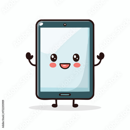Cute cartoon tablet character with a happy face, arms raised, and small legs, smiling.