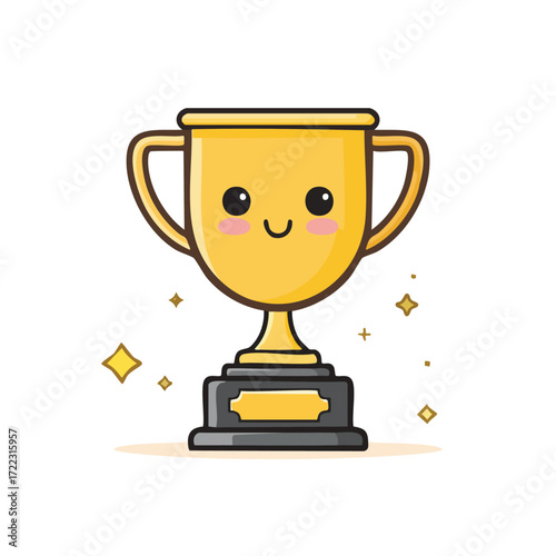 Cute cartoon golden trophy with a happy face, perfect for awards and achievements.
