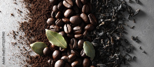 Split image showcasing coffee grounds, beans, and loose tea leaves with green leaves