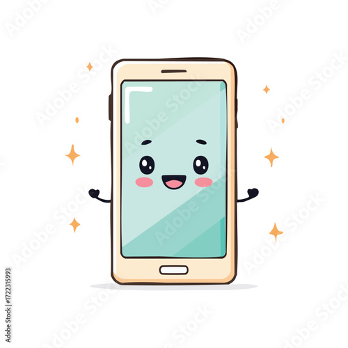 Cute cartoon smartphone character with a happy face, arms, and sparkling stars around it.